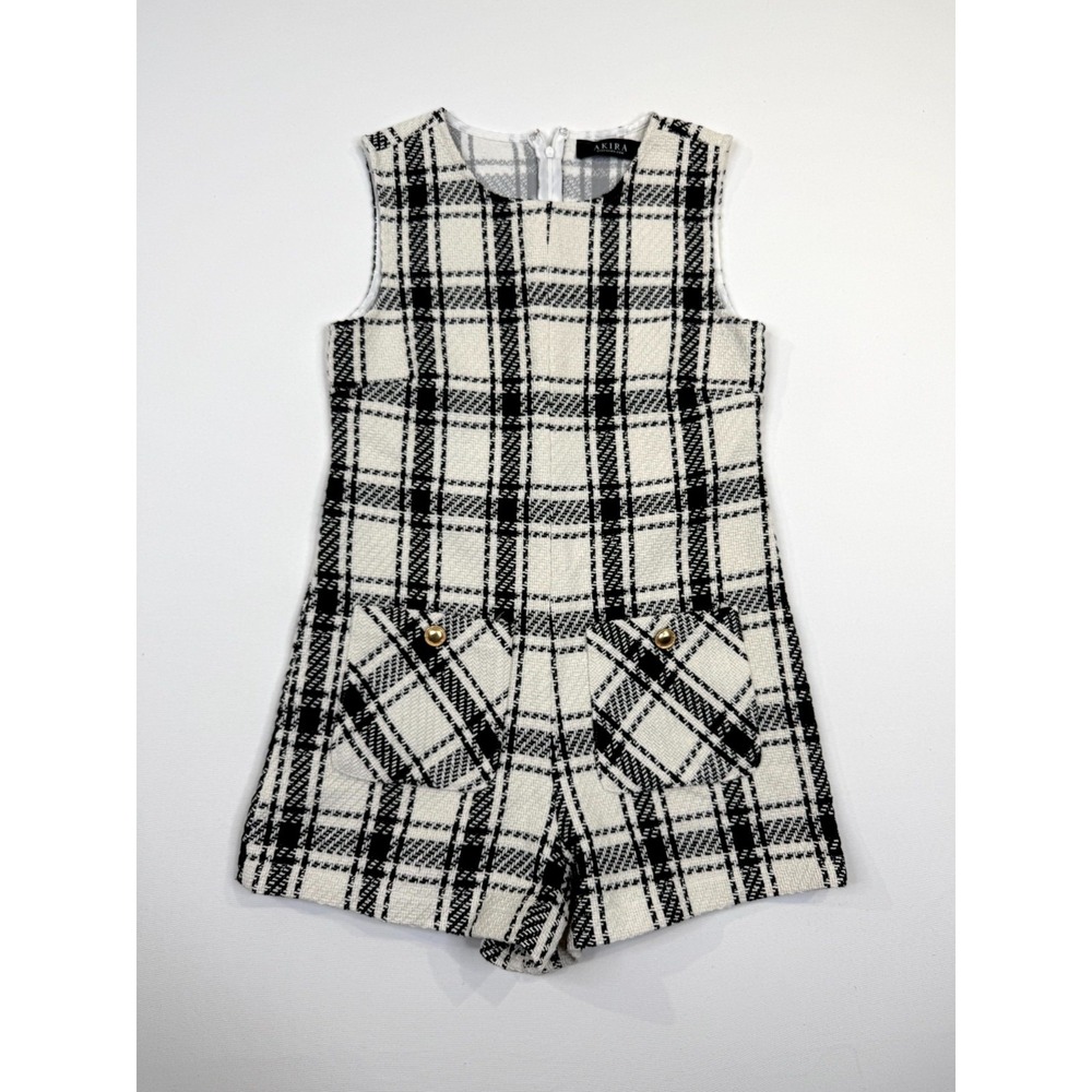 Akira Best Dressed Romper Womens Small White Black Plaid Back Zip One Piece